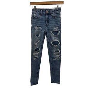 Womens Jeans American Eagle size 00 Blue Denim Distressed Super Stretch Pants
